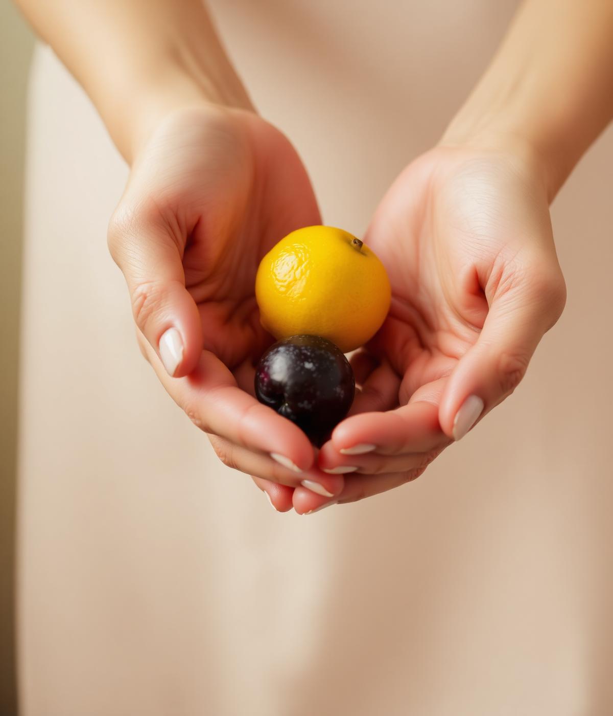 Hands holding a lemon and a plum